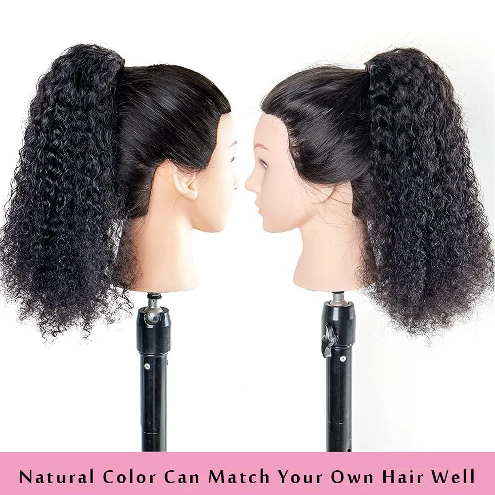 Kinky Curly Ponytail Extension Drawstring Human Hair Clip In Brazilian Virgin Human Hair Ponytails For Black Women Curly Wave Hair Pieces Natural Black (Kinky Curly Ponytail, 18 Inch)
