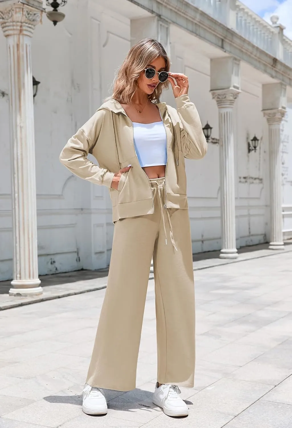 Kisscynest Women's 2 Piece Outfits Lounge Sets Zip Up Hoodies High Waist Wide Leg Pants Sweatsuit