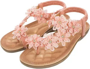 Ladies Flower Accessory Round Toe Thong Flat Beach Sandals,Summer Bohemian Elastic Ankle Strap Comfortable Flower Sandals.