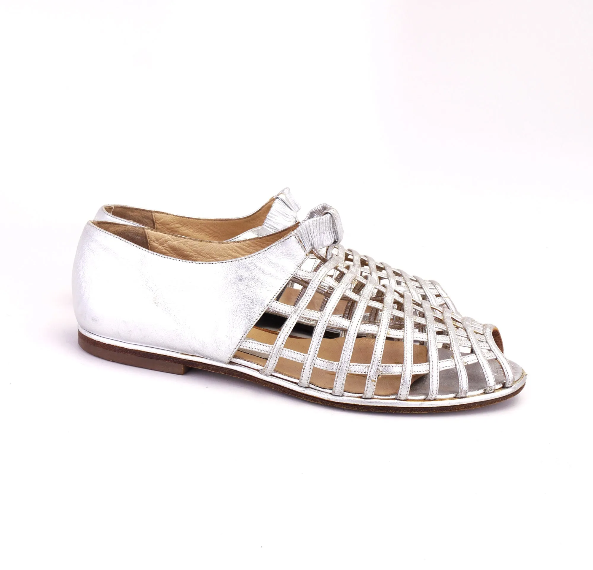 Late 80s Caged Silver Nello Nembro Flat Sandals UK 3