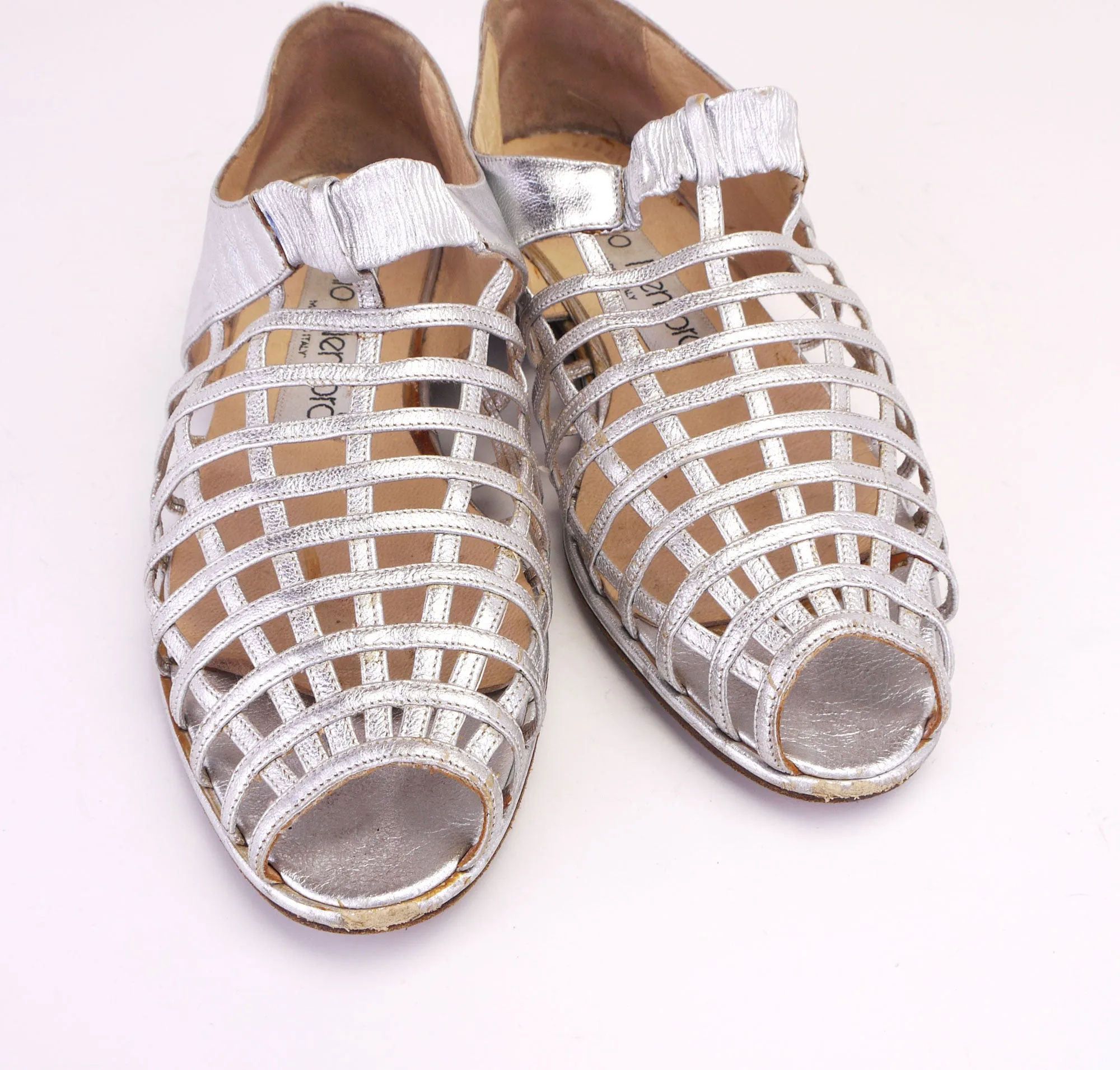 Late 80s Caged Silver Nello Nembro Flat Sandals UK 3