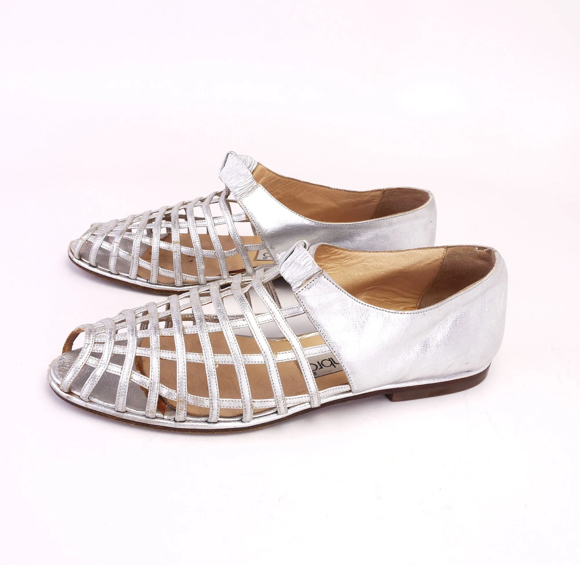 Late 80s Caged Silver Nello Nembro Flat Sandals UK 3