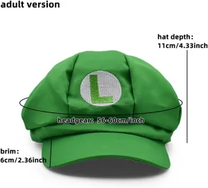 Luigi Hat Wario Waluigi Embroidered Red Beret Cap Cotton Elastic Cap Cosplay Costume Halloween Hat for Adult Teenagers