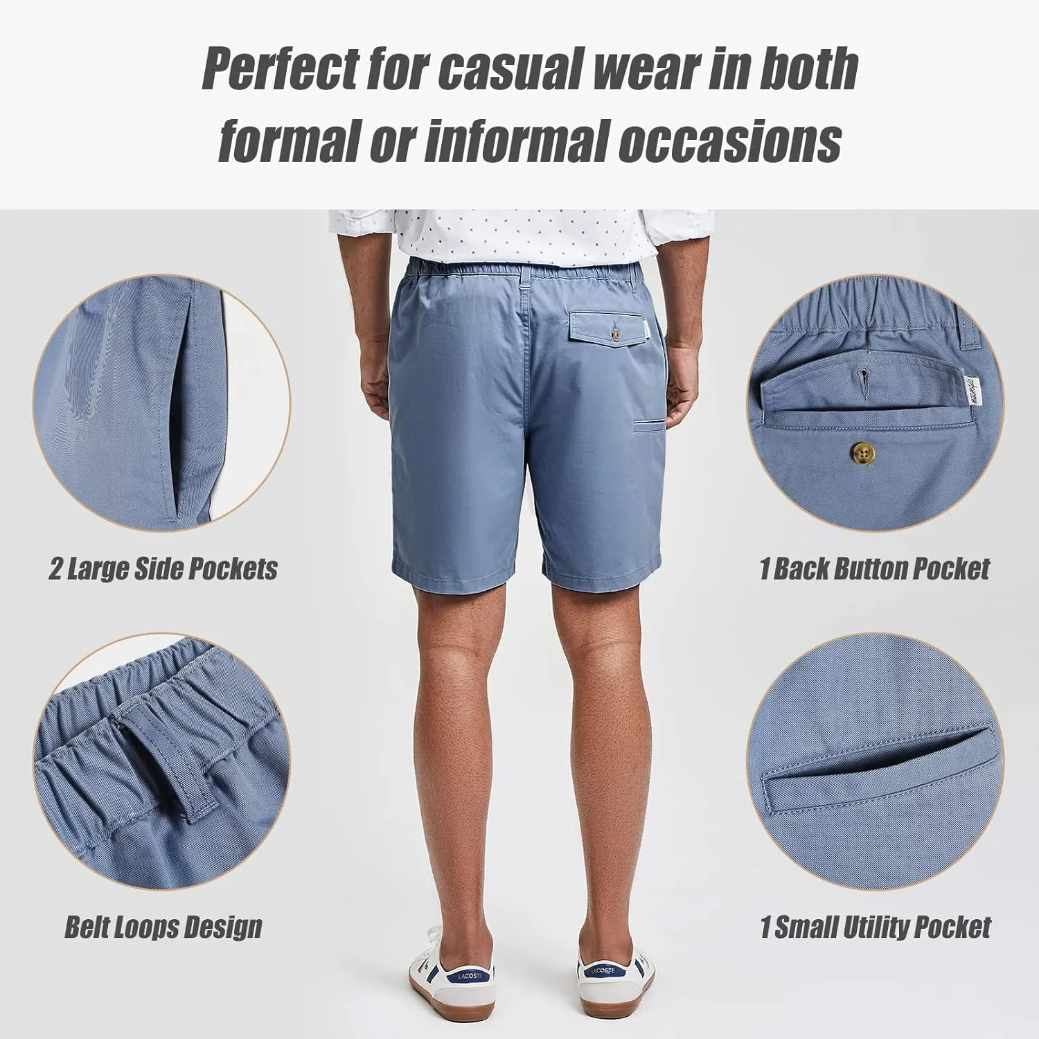 maamgic Men's Classic-fit 7" Cotton Casual Shorts Elastic Waistband with Multi-Pocket Daily Wear Walking Summer Outfit