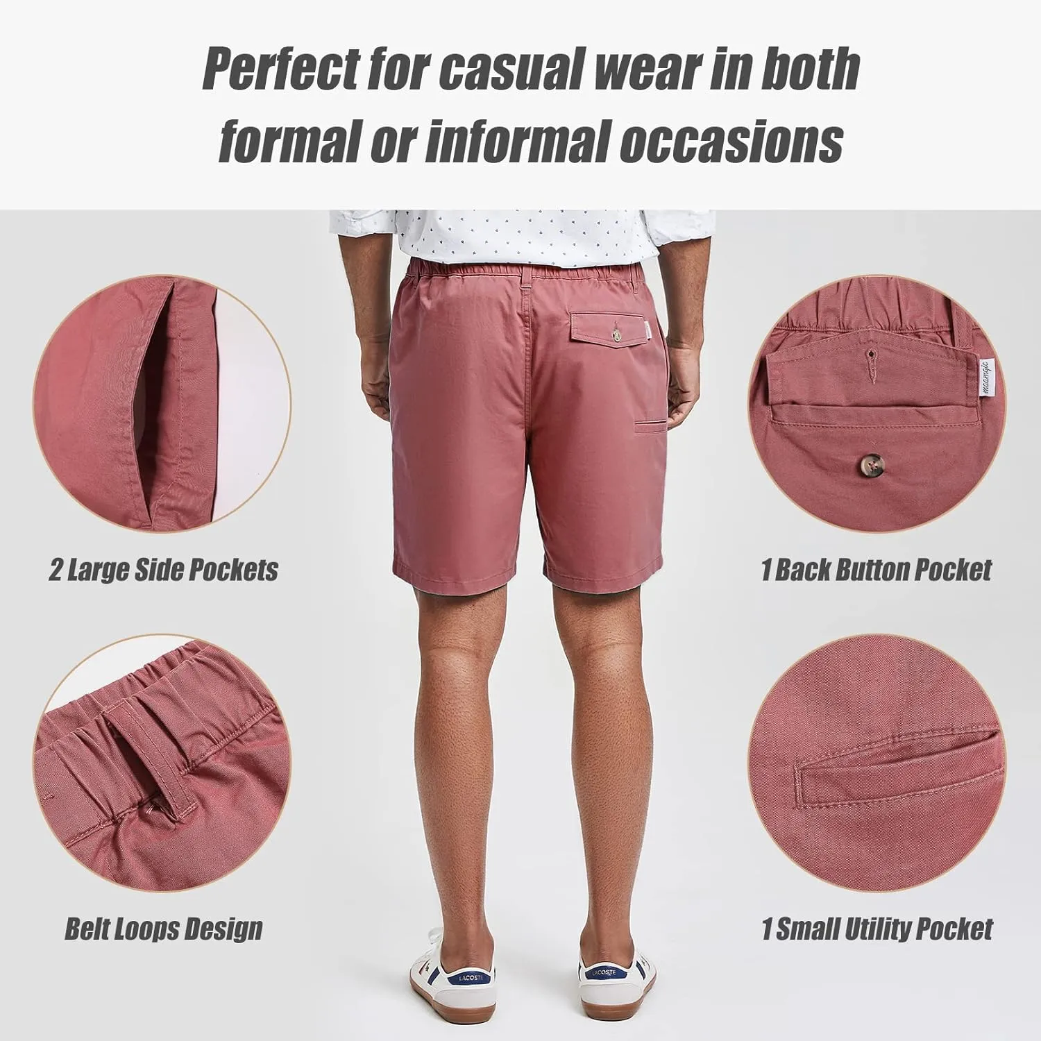 maamgic Men's Classic-fit 7" Cotton Casual Shorts Elastic Waistband with Multi-Pocket Daily Wear Walking Summer Outfit
