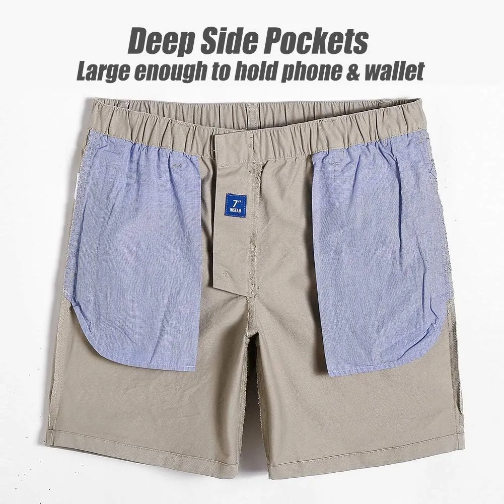 maamgic Men's Classic-fit 7" Cotton Casual Shorts Elastic Waistband with Multi-Pocket Daily Wear Walking Summer Outfit