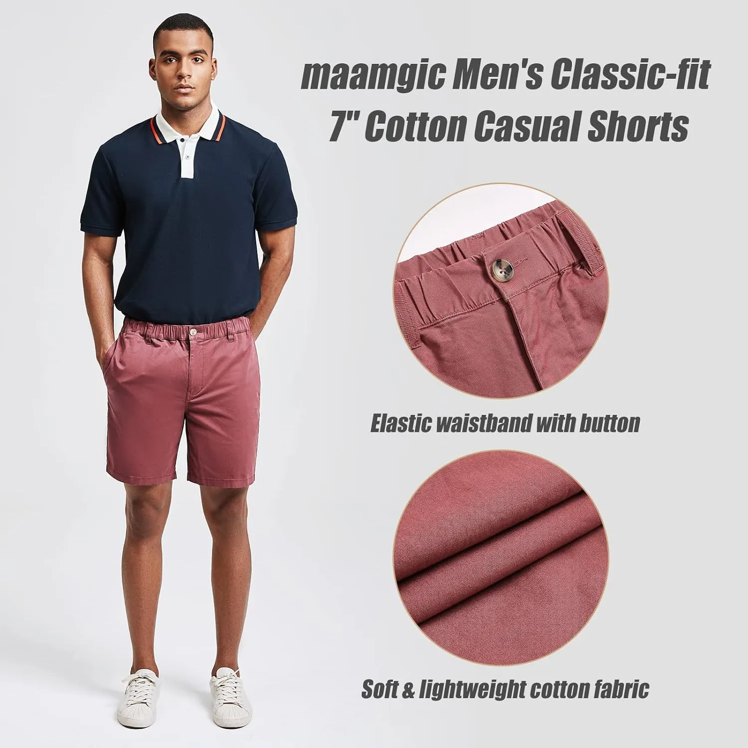 maamgic Men's Classic-fit 7" Cotton Casual Shorts Elastic Waistband with Multi-Pocket Daily Wear Walking Summer Outfit