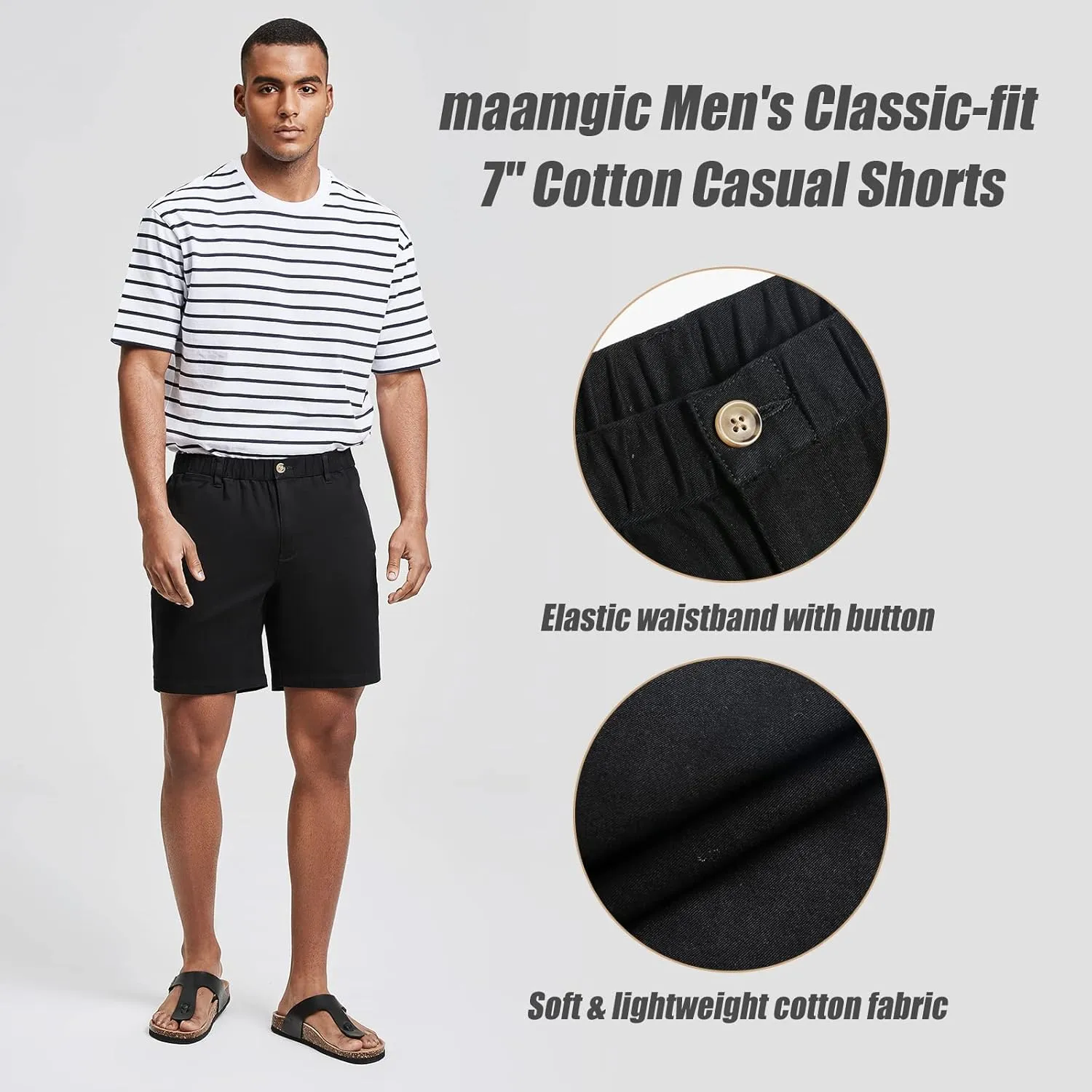 maamgic Men's Classic-fit 7" Cotton Casual Shorts Elastic Waistband with Multi-Pocket Daily Wear Walking Summer Outfit
