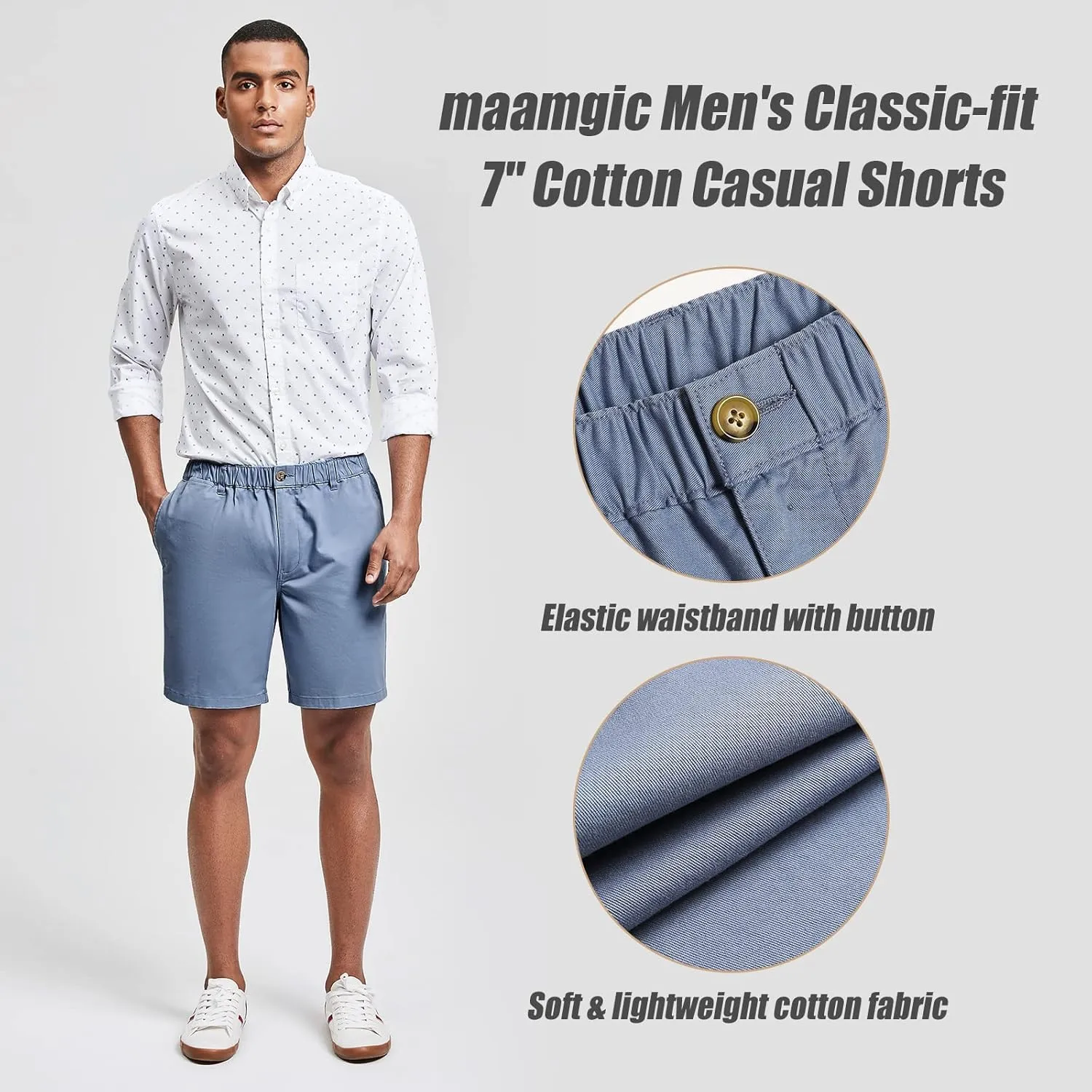 maamgic Men's Classic-fit 7" Cotton Casual Shorts Elastic Waistband with Multi-Pocket Daily Wear Walking Summer Outfit