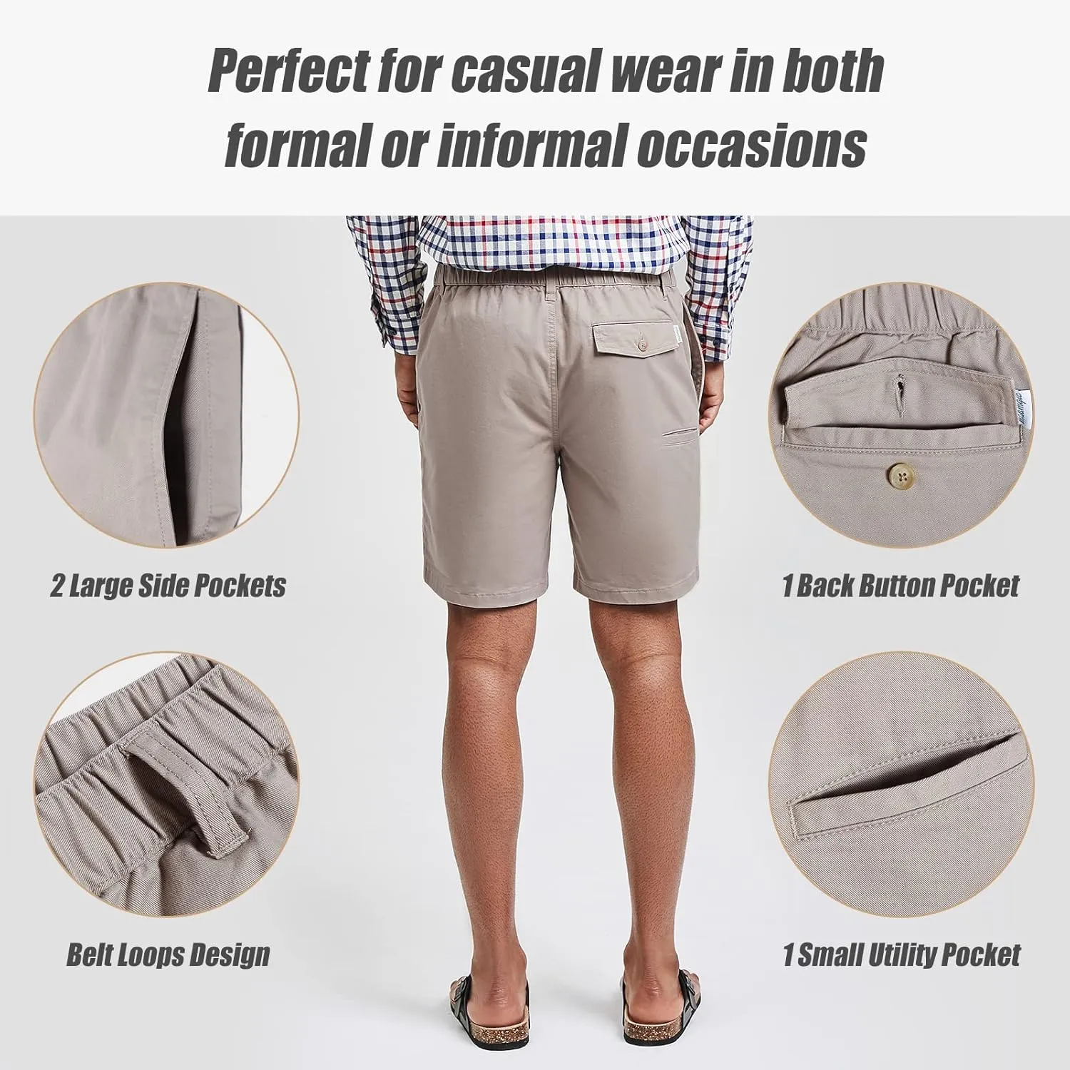 maamgic Men's Classic-fit 7" Cotton Casual Shorts Elastic Waistband with Multi-Pocket Daily Wear Walking Summer Outfit
