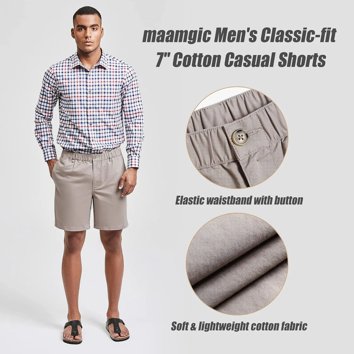 maamgic Men's Classic-fit 7" Cotton Casual Shorts Elastic Waistband with Multi-Pocket Daily Wear Walking Summer Outfit