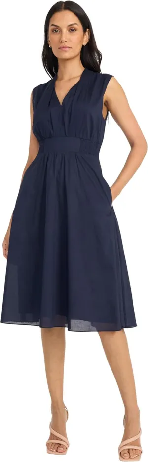 Maggy London Women's Semi Sheer Overlay Empire Waist Midi-Pleated V Neck Sleeveless-Wedding Guest Dress