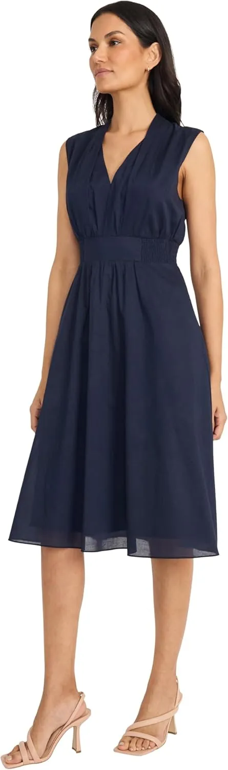 Maggy London Women's Semi Sheer Overlay Empire Waist Midi-Pleated V Neck Sleeveless-Wedding Guest Dress