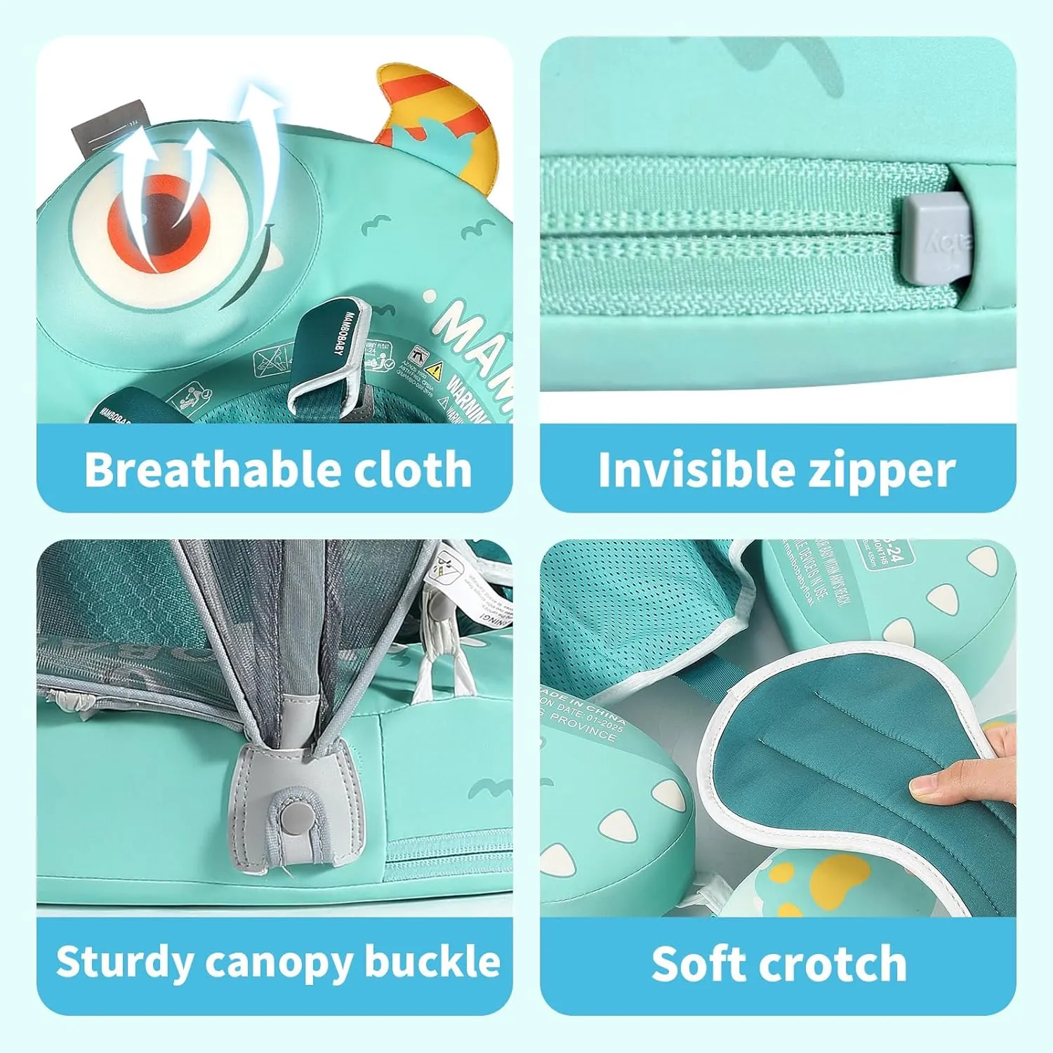 Mambobaby Float with Canopy & Portable Backpack Skin-friendly Baby Swim Float with Tail Waterproof Non-Inflatable Mambo Float Smart Swim Trainer Soft Solid Infant Pool Float 3-24 months Baby Swim Ring