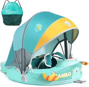 Mambobaby Float with Canopy & Portable Backpack Skin-friendly Baby Swim Float with Tail Waterproof Non-Inflatable Mambo Float Smart Swim Trainer Soft Solid Infant Pool Float 3-24 months Baby Swim Ring