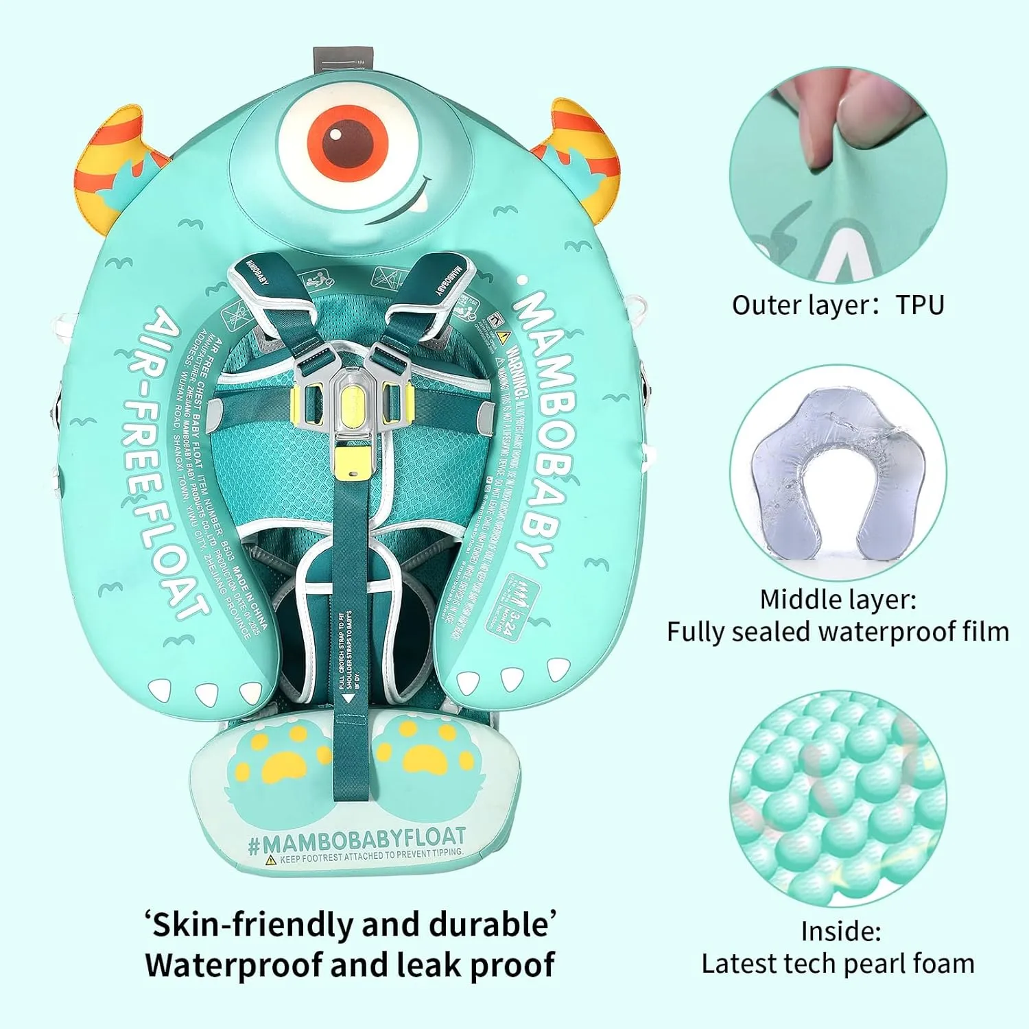 Mambobaby Float with Canopy & Portable Backpack Skin-friendly Baby Swim Float with Tail Waterproof Non-Inflatable Mambo Float Smart Swim Trainer Soft Solid Infant Pool Float 3-24 months Baby Swim Ring