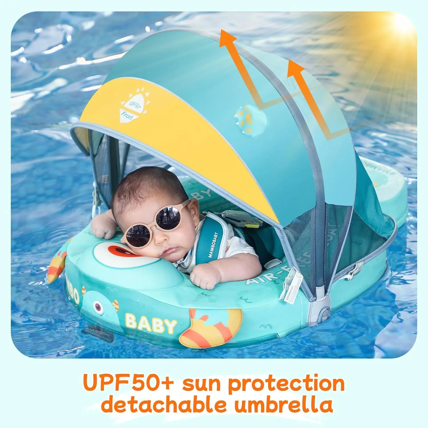 Mambobaby Float with Canopy & Portable Backpack Skin-friendly Baby Swim Float with Tail Waterproof Non-Inflatable Mambo Float Smart Swim Trainer Soft Solid Infant Pool Float 3-24 months Baby Swim Ring