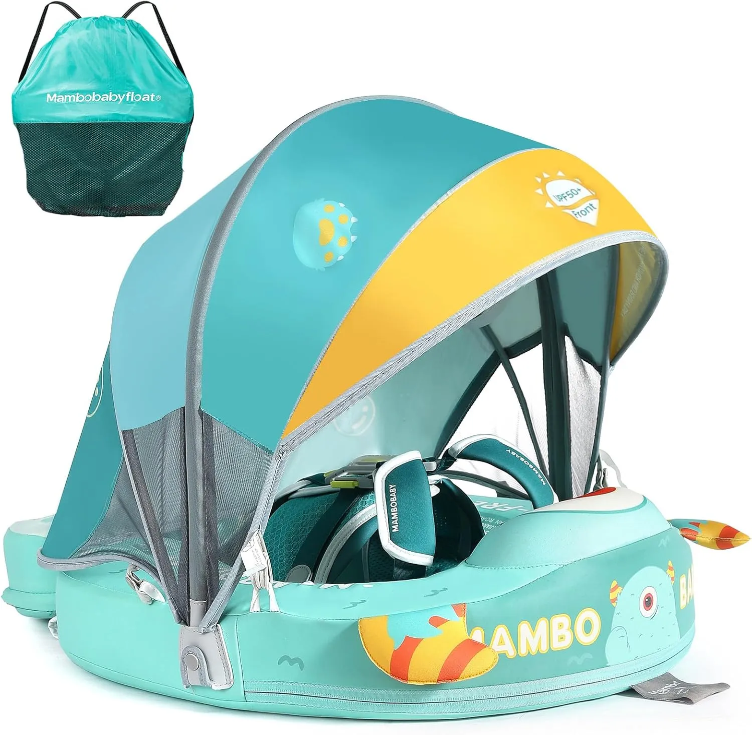 Mambobaby Float with Canopy & Portable Backpack Skin-friendly Baby Swim Float with Tail Waterproof Non-Inflatable Mambo Float Smart Swim Trainer Soft Solid Infant Pool Float 3-24 months Baby Swim Ring