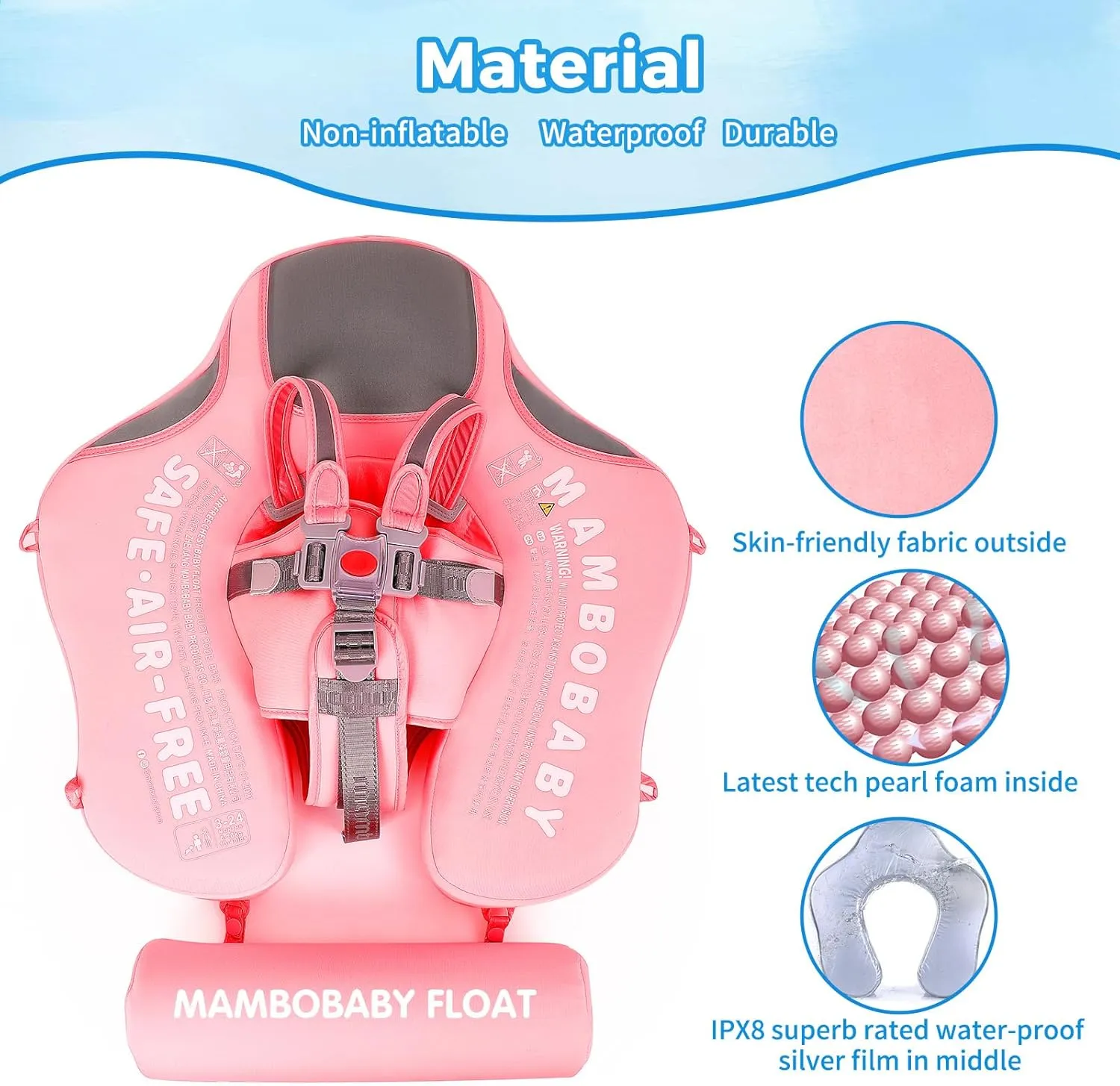 Mambobaby Non-Inflatable Baby Pool Float with Tail and Canopy UPF 50  Sun Protection No Flip Over Infant Swim Float Skin-Friendly Mambo Float Swim Trainer Solid Baby Swimming Ring Aged 3-24 Months