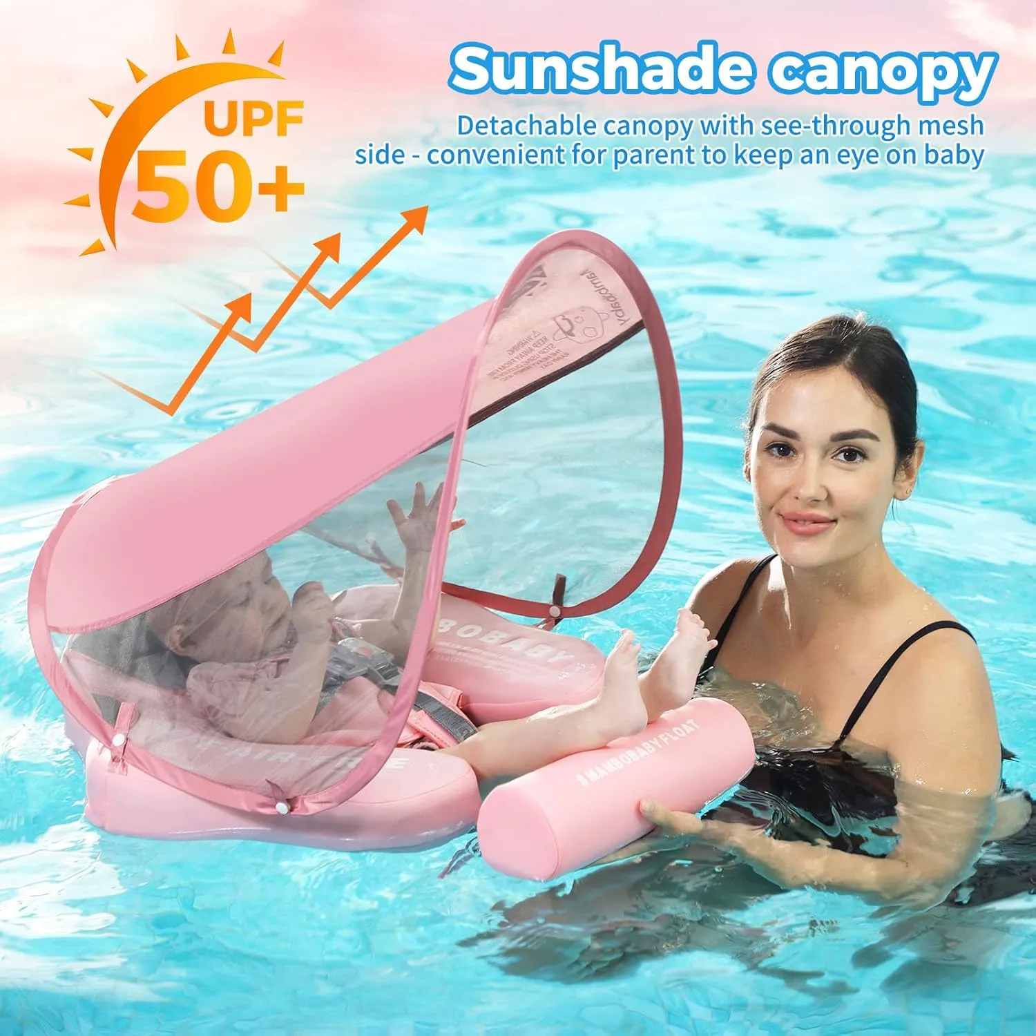 Mambobaby Non-Inflatable Baby Pool Float with Tail and Canopy UPF 50  Sun Protection No Flip Over Infant Swim Float Skin-Friendly Mambo Float Swim Trainer Solid Baby Swimming Ring Aged 3-24 Months