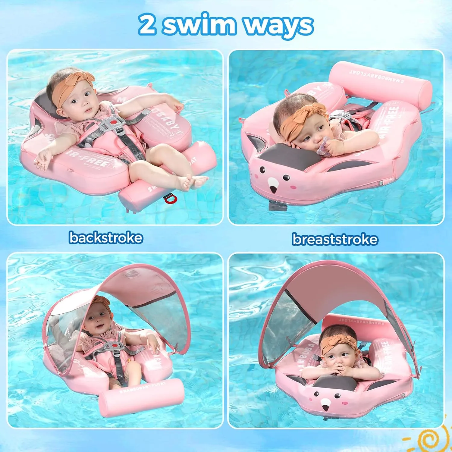 Mambobaby Non-Inflatable Baby Pool Float with Tail and Canopy UPF 50  Sun Protection No Flip Over Infant Swim Float Skin-Friendly Mambo Float Swim Trainer Solid Baby Swimming Ring Aged 3-24 Months
