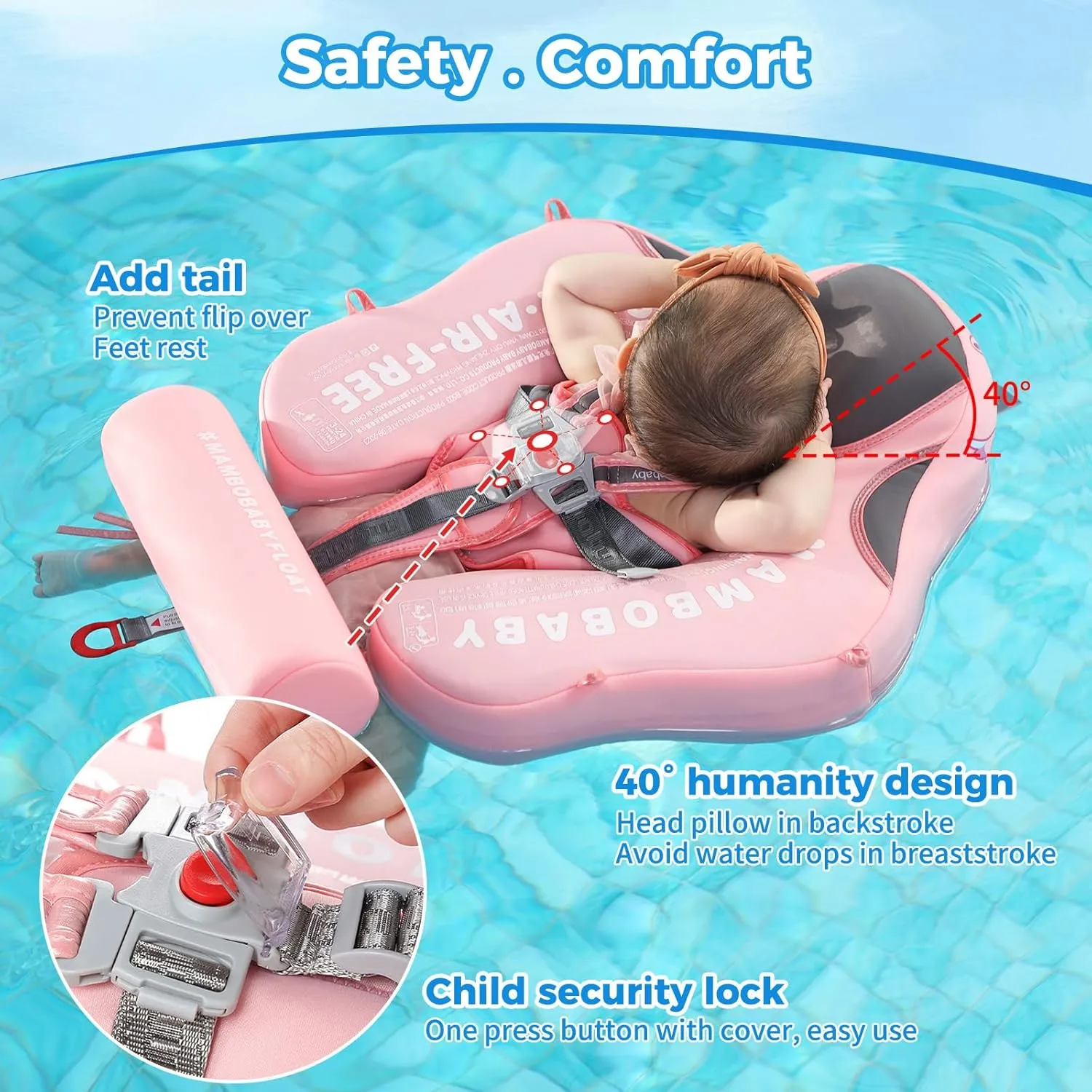 Mambobaby Non-Inflatable Baby Pool Float with Tail and Canopy UPF 50  Sun Protection No Flip Over Infant Swim Float Skin-Friendly Mambo Float Swim Trainer Solid Baby Swimming Ring Aged 3-24 Months