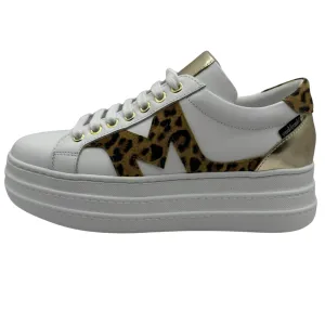 Marco Moreo White Platform Leather Trainers with Leopard Print Detail