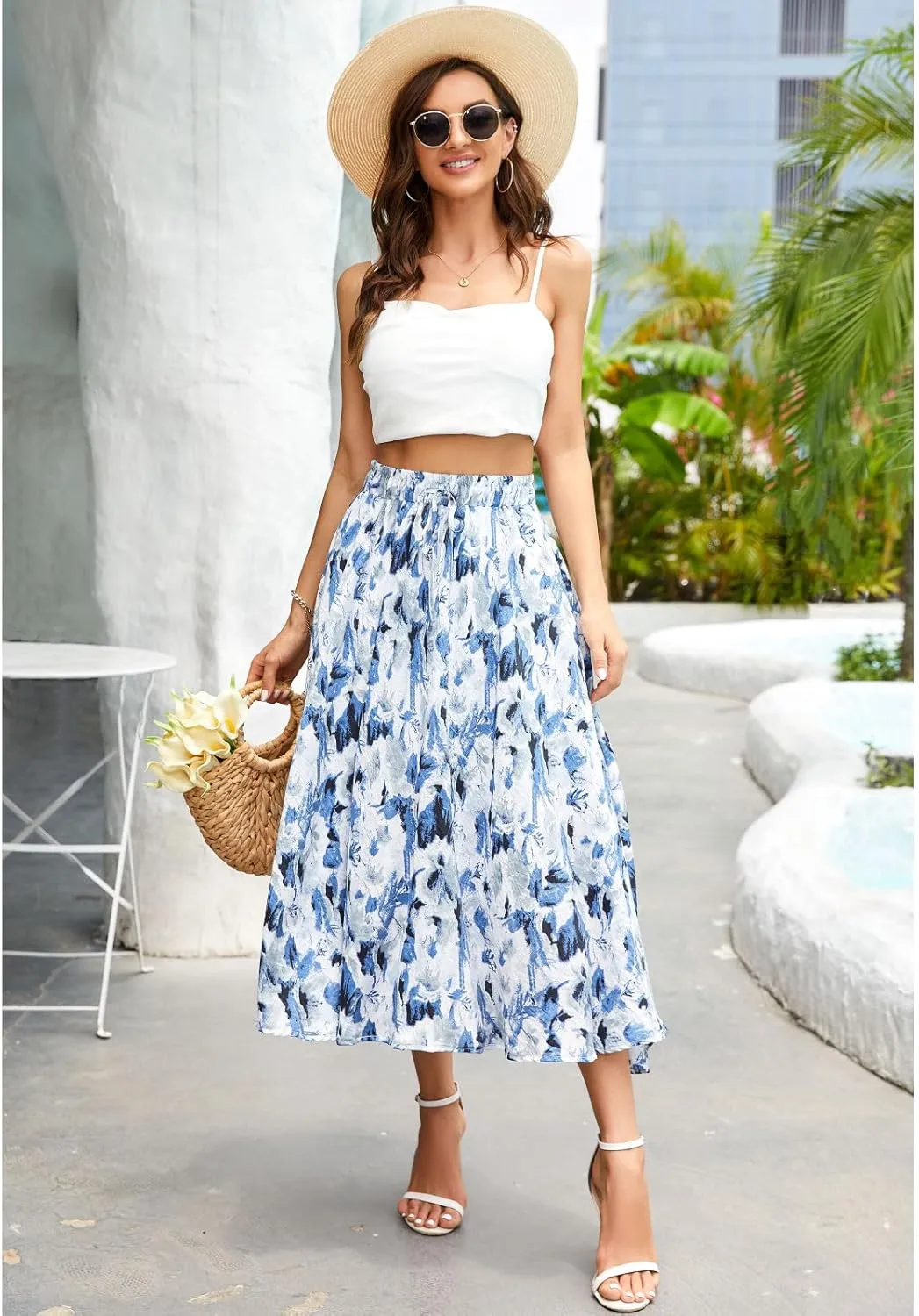 Maxi Skirts for Women with Pockets Long Midi Length Casual Skirt for Beach Party Holiday