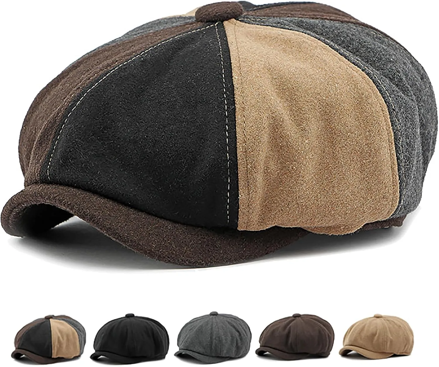 Men's 8 Panel Newsboy Cap Vintage Tweed Cap Herringbone Cabbie Flat Cap