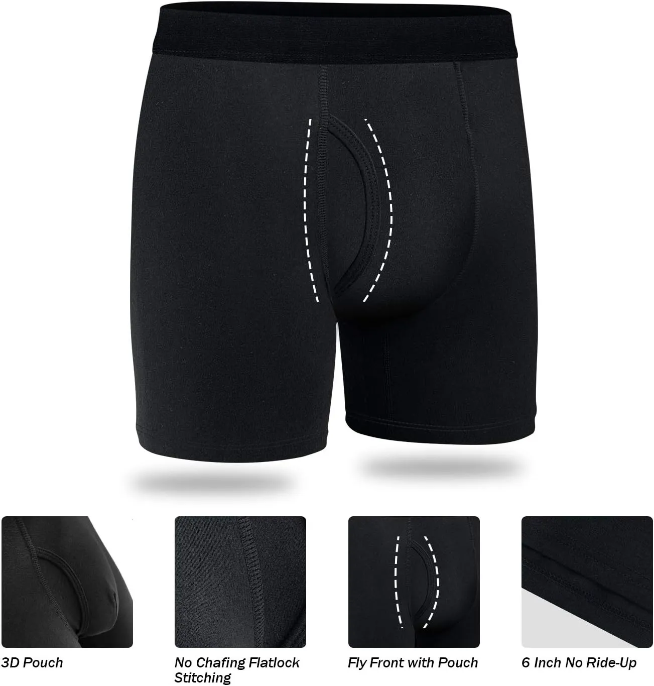 Mens Boxer Briefs Cotton Underwear Pack 6”no Ride up Regular Stretch Elastic Wide Band Boxer Briefs