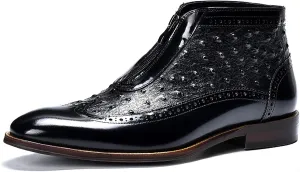 Men's Business Dress Boots For Office Weddings, Premium Cowhide Leather With Front Zipper, Carved Design And Non-Slip Sole