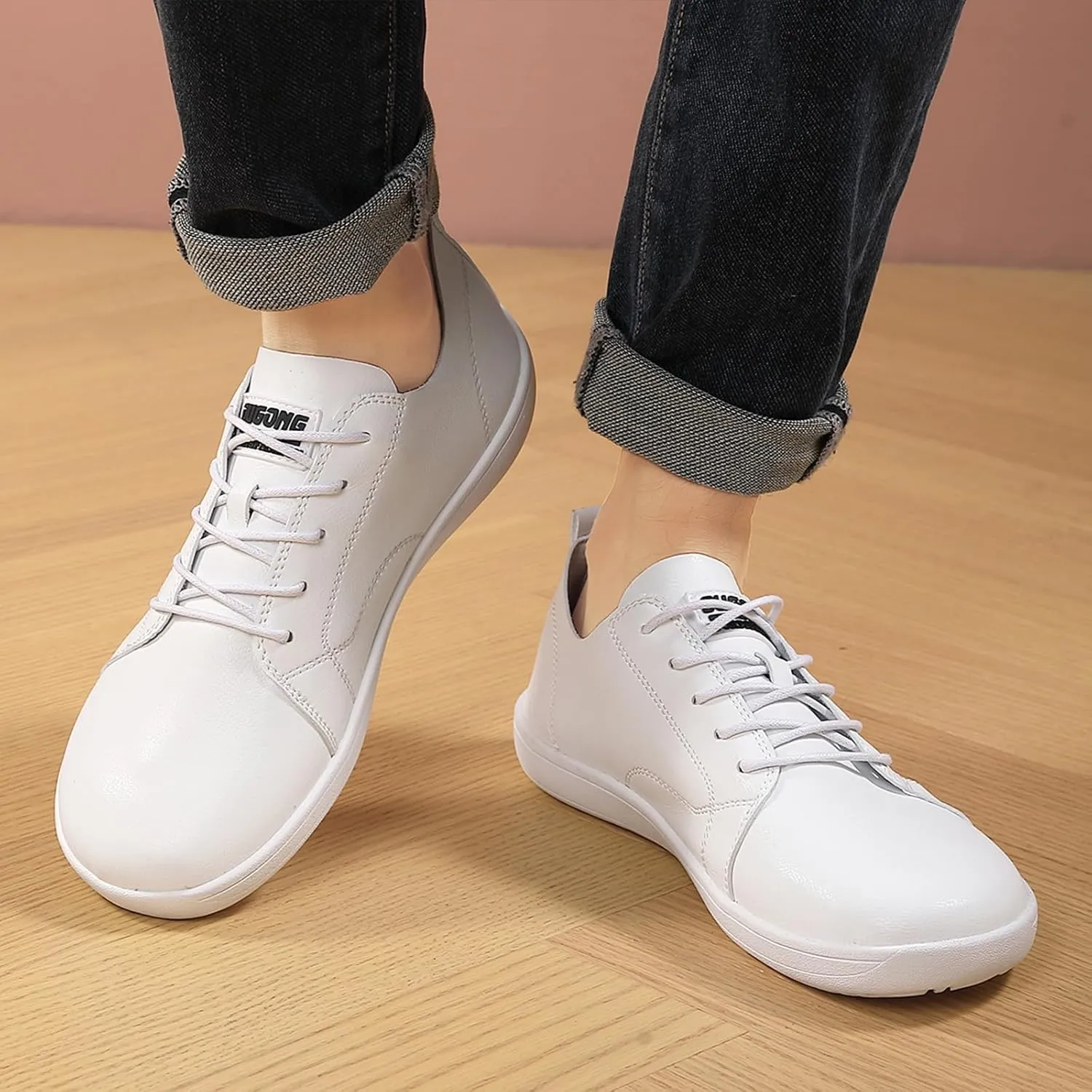 Men's Leather Wide Toe Minimalist Barefoot Shoes Casual Lace-Up Lightweight Zero Drop Sole Walking Running Shoes Comfortable Gym Trail Trainer Sneakers
