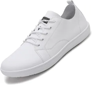 Men's Leather Wide Toe Minimalist Barefoot Shoes Casual Lace-Up Lightweight Zero Drop Sole Walking Running Shoes Comfortable Gym Trail Trainer Sneakers