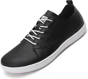 Men's Leather Wide Toe Minimalist Barefoot Shoes Casual Lace-Up Lightweight Zero Drop Sole Walking Running Shoes Comfortable Gym Trail Trainer Sneakers