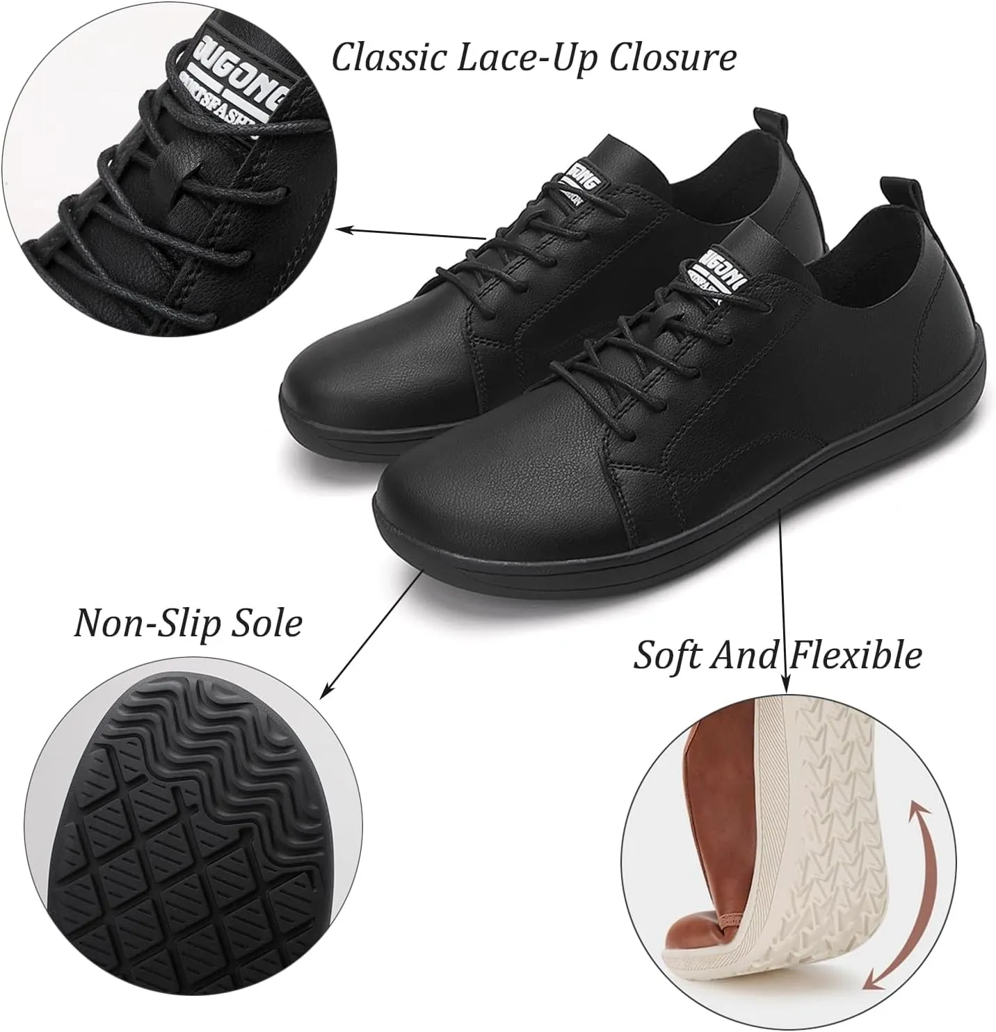 Men's Leather Wide Toe Minimalist Barefoot Shoes Casual Lace-Up Lightweight Zero Drop Sole Walking Running Shoes Comfortable Gym Trail Trainer Sneakers