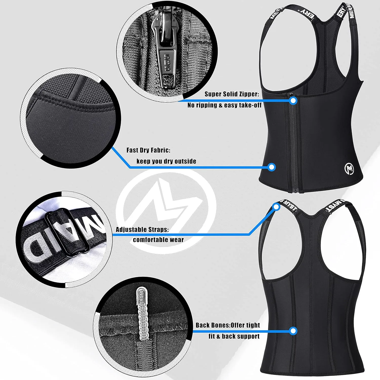 MERMAID'S MYSTERY Women Waist Trainer Vest Slim Corset Neoprene Sauna Tank Top Zipper Body Shaper Shirt