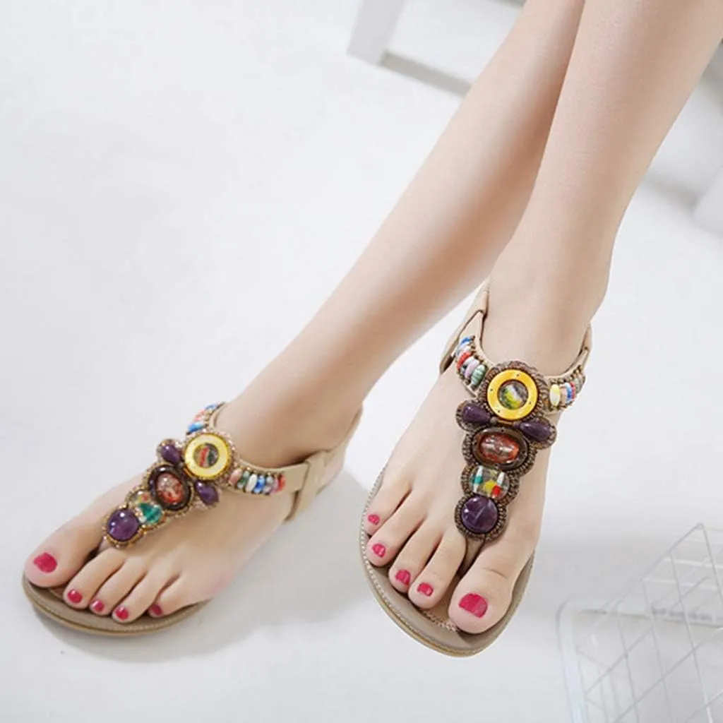 MIOKE Women's Bohemia Beaded Flat Sandals T-strap Summer Beach Elastic Slingback Flip Flops Thong Shoes