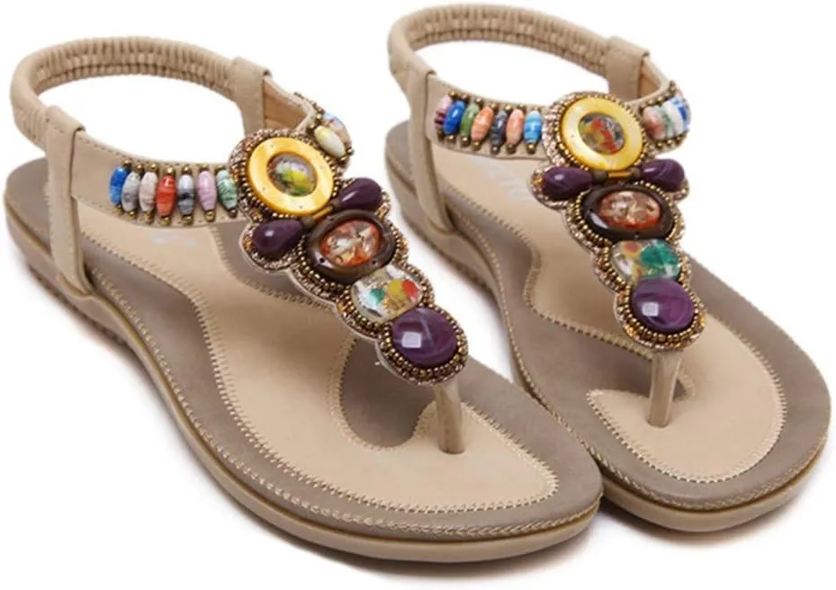 MIOKE Women's Bohemia Beaded Flat Sandals T-strap Summer Beach Elastic Slingback Flip Flops Thong Shoes