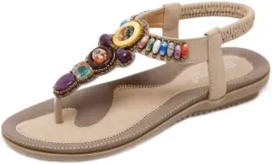 MIOKE Women's Bohemia Beaded Flat Sandals T-strap Summer Beach Elastic Slingback Flip Flops Thong Shoes