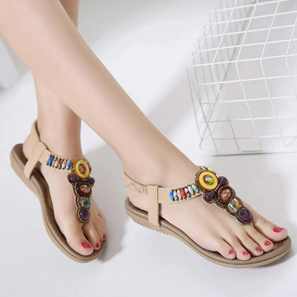 MIOKE Women's Bohemia Beaded Flat Sandals T-strap Summer Beach Elastic Slingback Flip Flops Thong Shoes
