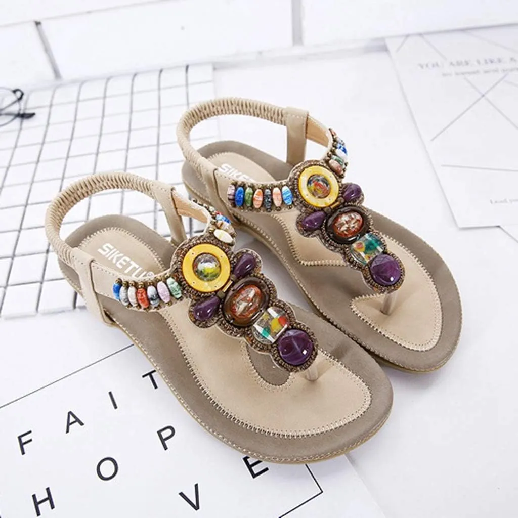 MIOKE Women's Bohemia Beaded Flat Sandals T-strap Summer Beach Elastic Slingback Flip Flops Thong Shoes