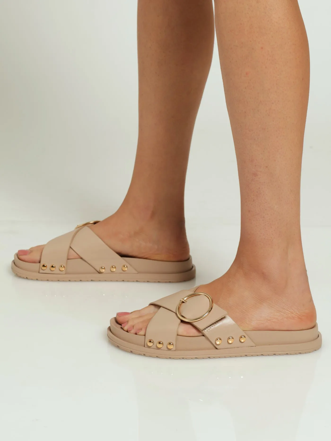 Moulded Criss Cross Mule Sandal With Round Buckle - Taupe