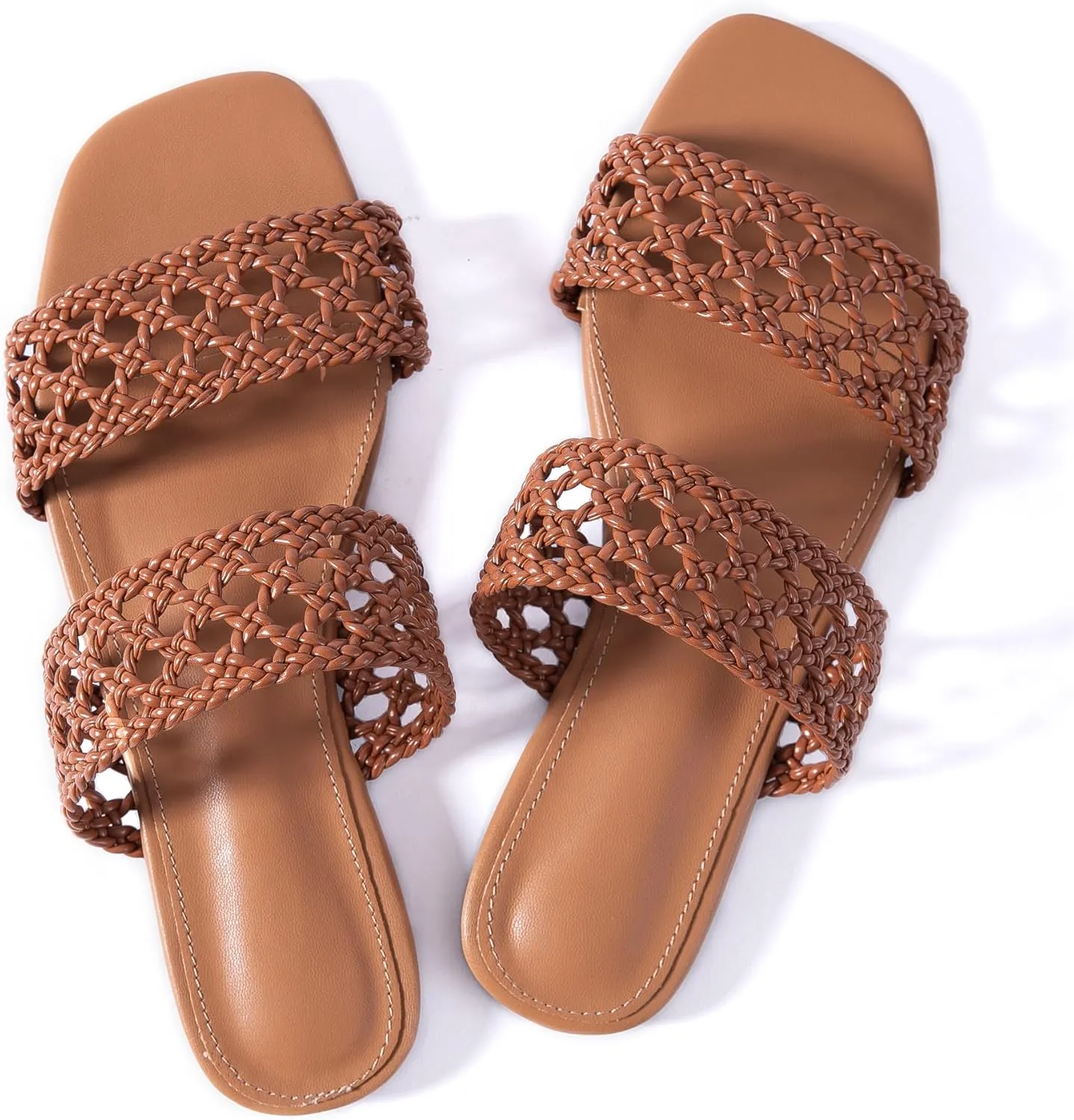 Mtzyoa Women's Sandals Casual Braided Dressy Summer Square Toe Quilted Flat Sandals