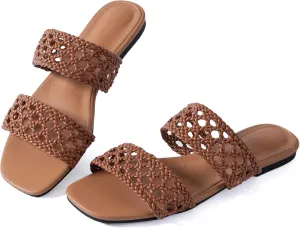Mtzyoa Women's Sandals Casual Braided Dressy Summer Square Toe Quilted Flat Sandals