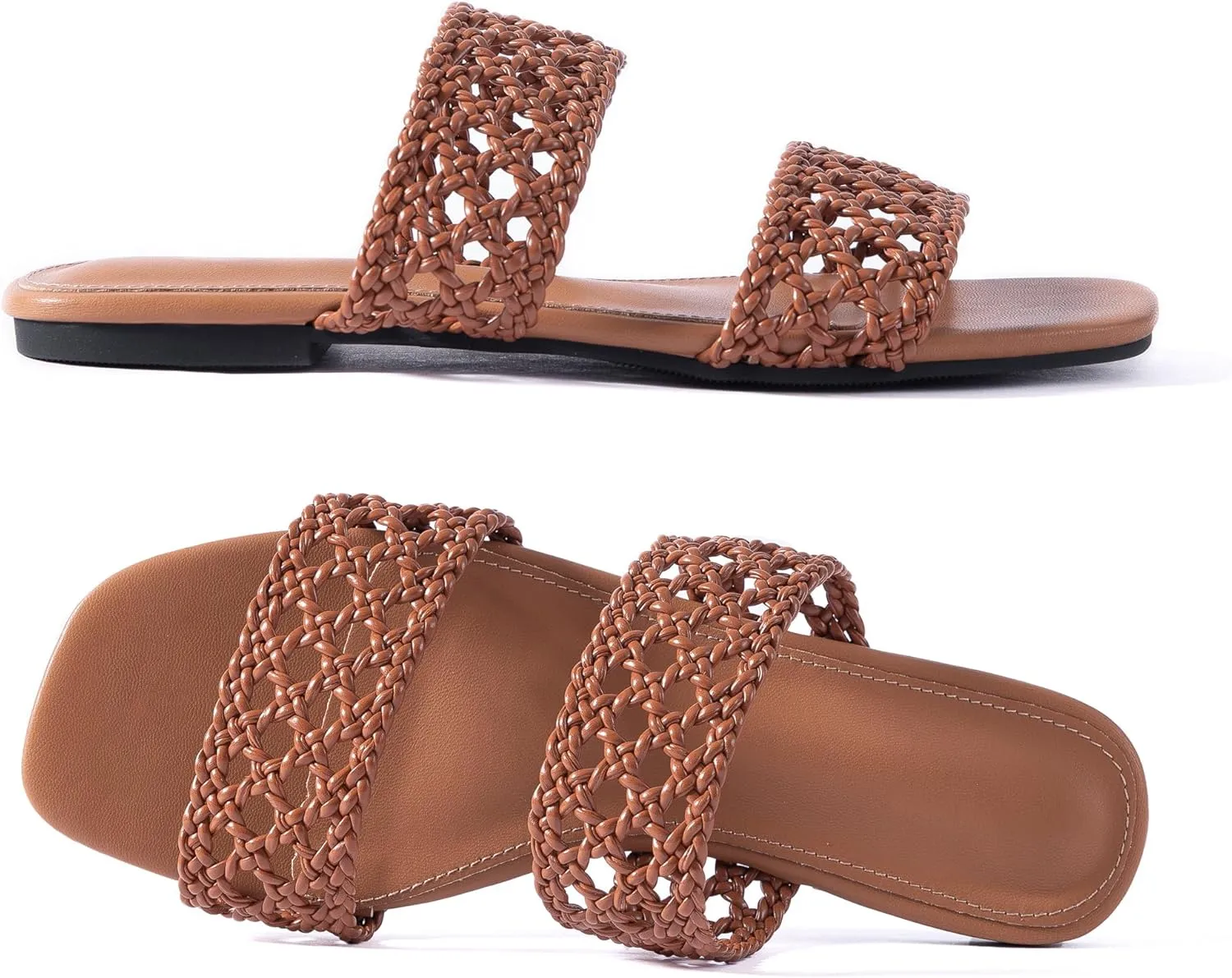 Mtzyoa Women's Sandals Casual Braided Dressy Summer Square Toe Quilted Flat Sandals