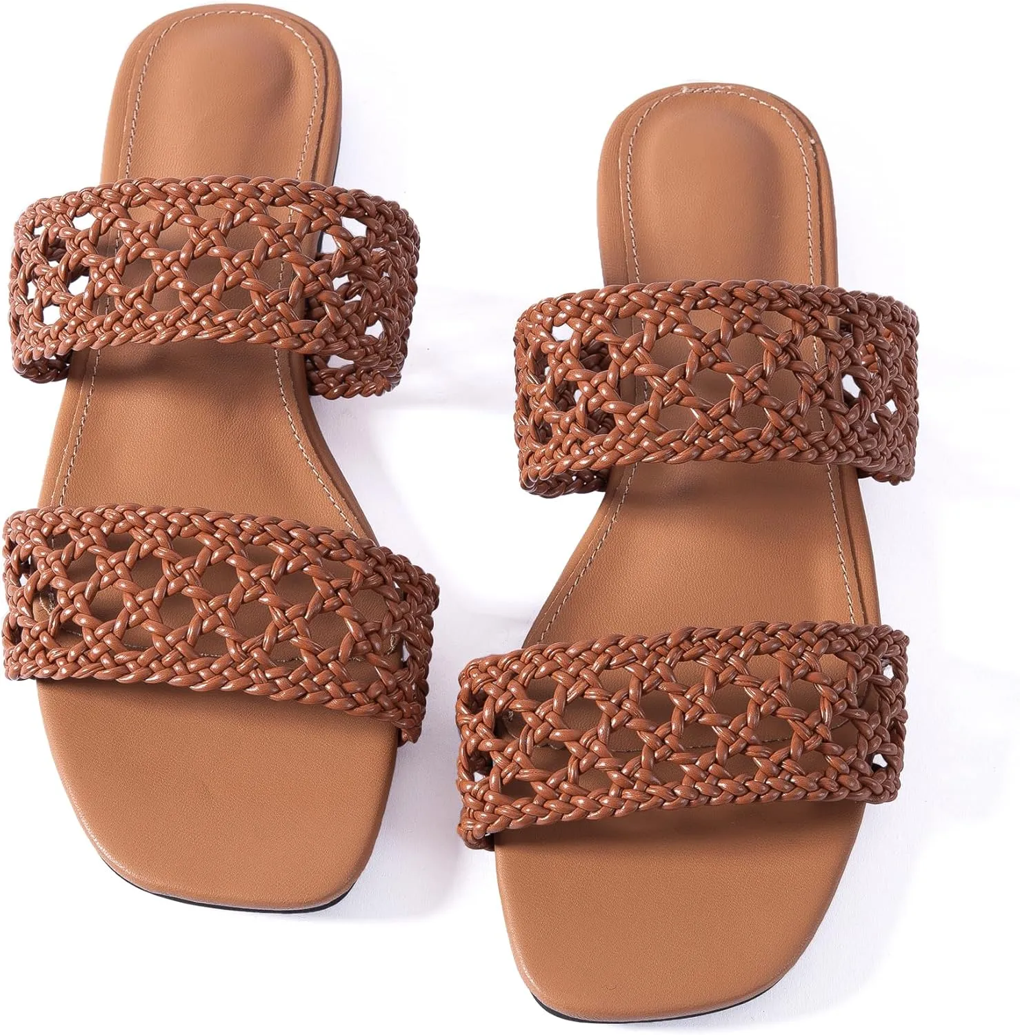 Mtzyoa Women's Sandals Casual Braided Dressy Summer Square Toe Quilted Flat Sandals