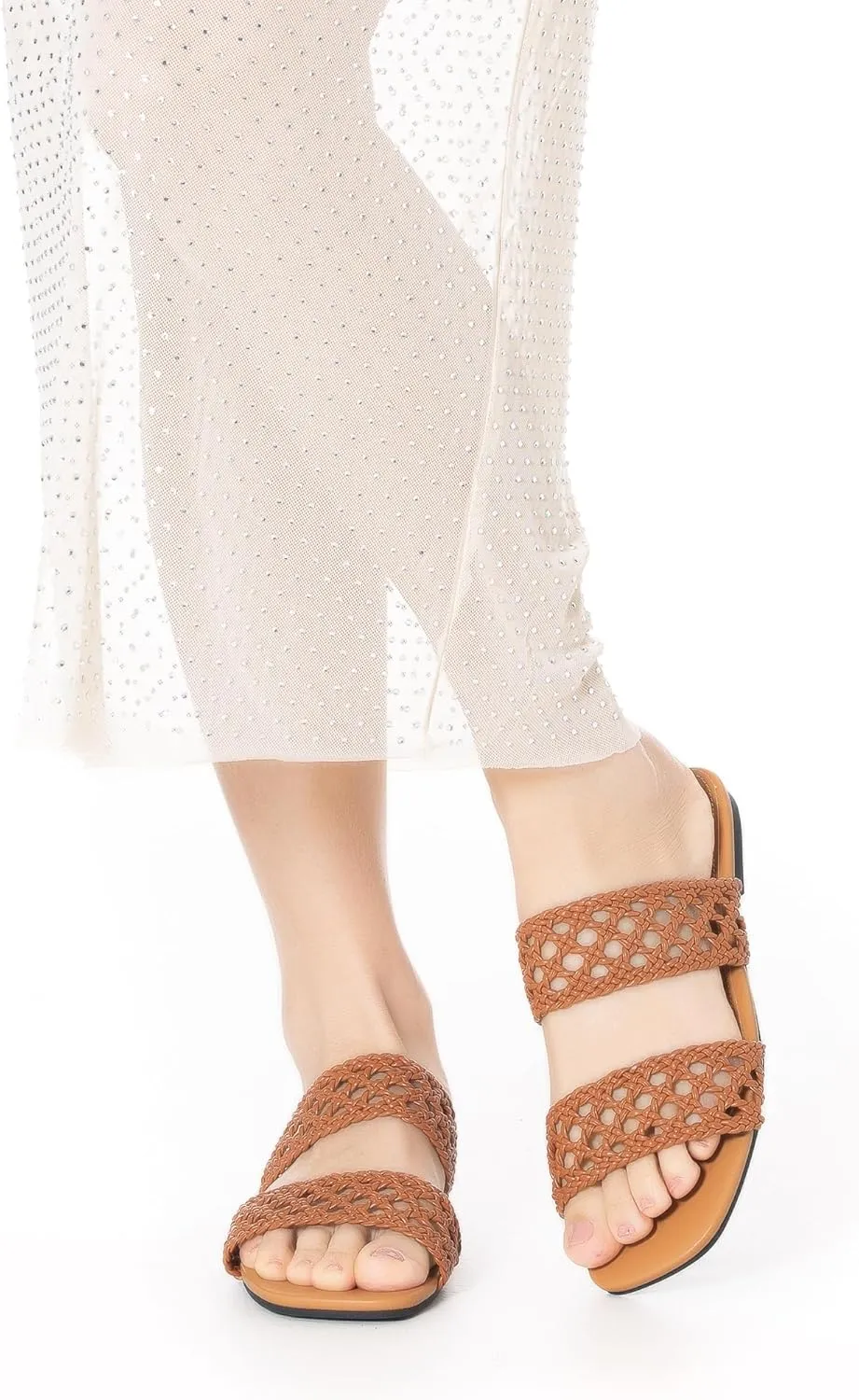 Mtzyoa Women's Sandals Casual Braided Dressy Summer Square Toe Quilted Flat Sandals
