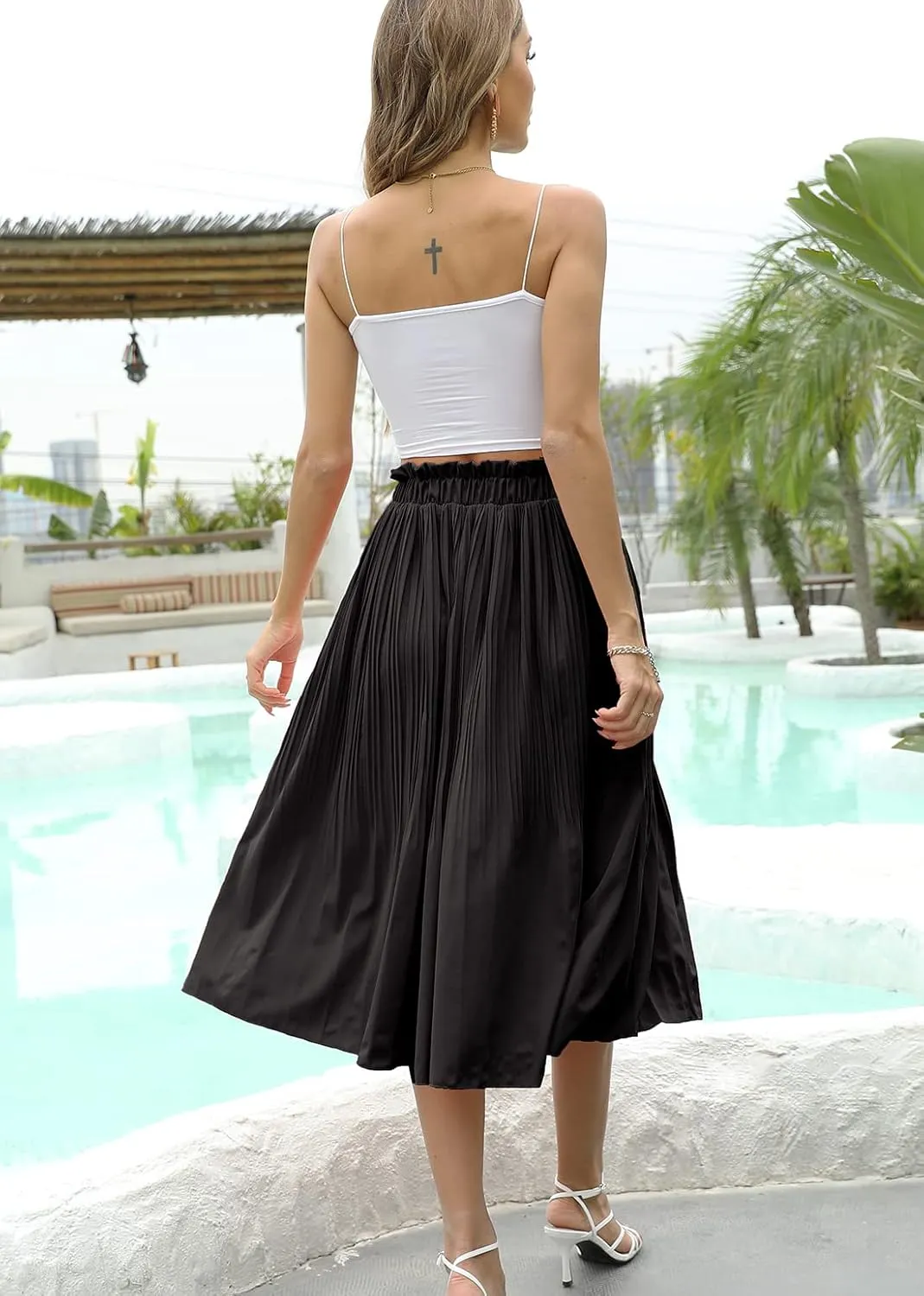 Naggoo Women's Skirts High Elastic Waisted Casual Skirt Pleated Floral/Solid Midi Skirts with Pockets