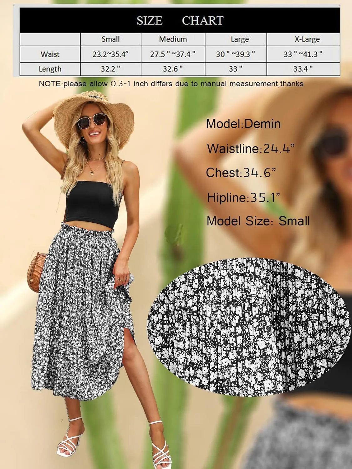 Naggoo Women's Skirts High Elastic Waisted Casual Skirt Pleated Floral/Solid Midi Skirts with Pockets