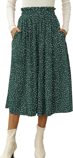 Naggoo Women's Skirts High Elastic Waisted Casual Skirt Pleated Floral/Solid Midi Skirts with Pockets